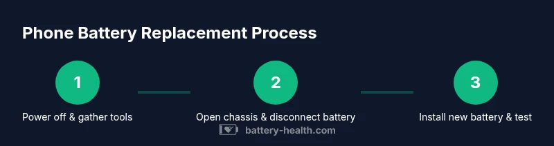 Process diagram showing three steps of phone battery replacement