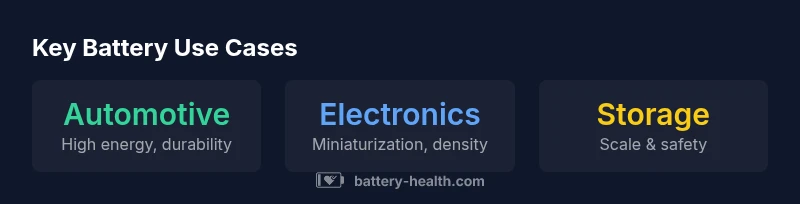 Infographic showing key battery use cases: Automotive, Electronics, Storage