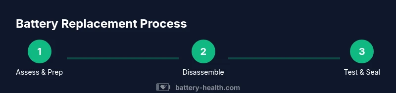 Infographic showing a three-step battery replacement process: assess, disassemble, test and seal