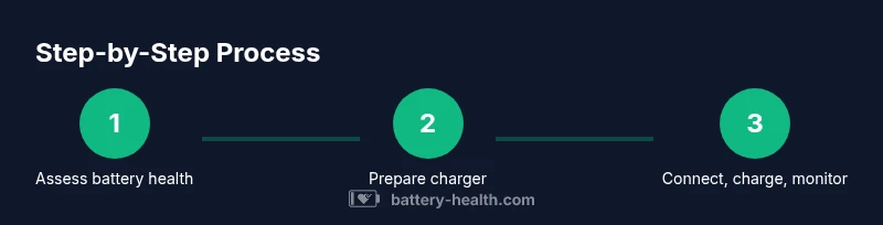 Process infographic showing safe trickle charging steps for a car battery