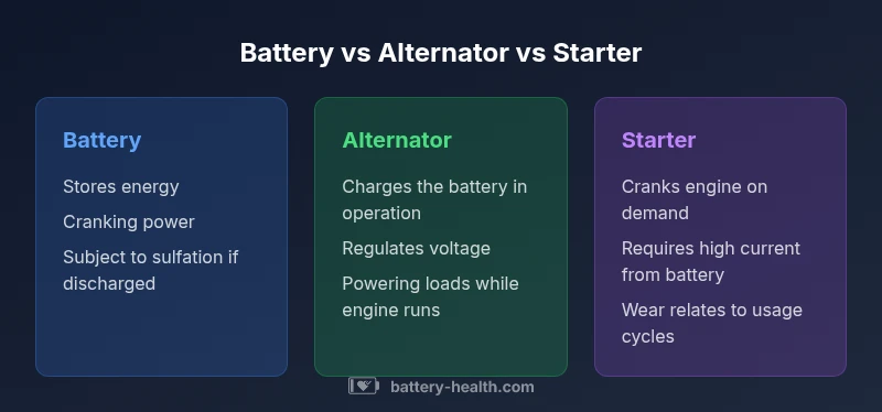 Comparison of Battery, Alternator, and Starter in a car