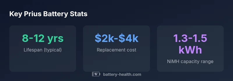 Infographic showing Prius battery lifespan, replacement cost, and NiMH capacity