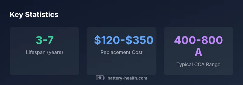 Infographic showing battery lifespan, cost, and CCA ranges for car batteries
