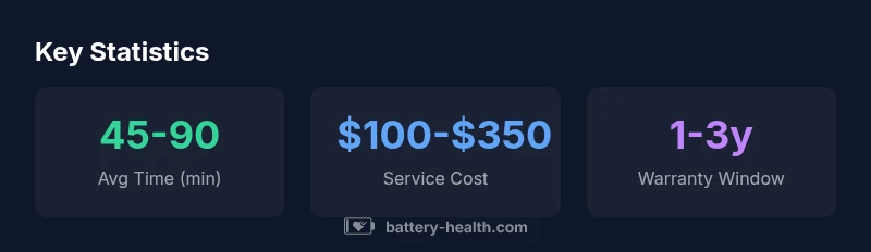 Stat infographic showing time, cost, and warranty for car battery replacement