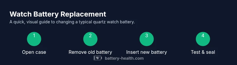 Infographic showing a four-step battery replacement process for a wristwatch