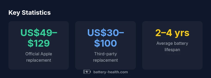 Stat infographic showing iPhone battery replacement price ranges and lifespan