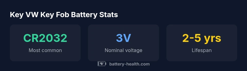 Infographic showing VW key fob battery sizes, voltage, and lifespan