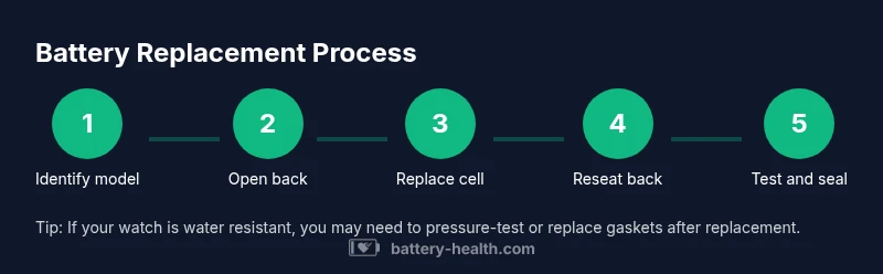 Process diagram showing Fossil watch battery replacement steps